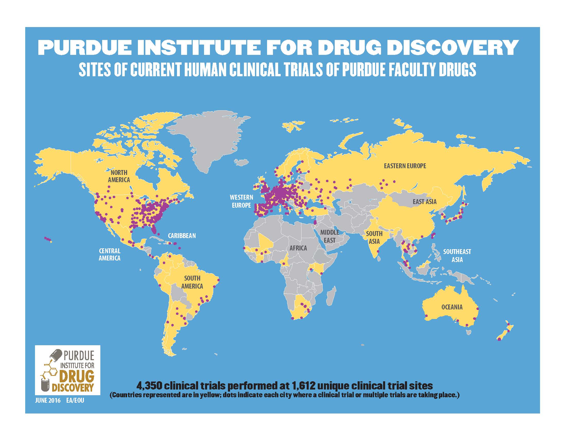 Purdue Institute for Drug Discovery. Sites of Current Human Clinical Trials of Purdue Facutly Drugs. 4,350
			clinical trials performed at 1,612 unique clinical trial sites. (Countries represented are in yellow, dots indicate each city where a clinical trial or multiple trials are taking place.)