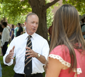 mitch daniels talks with students