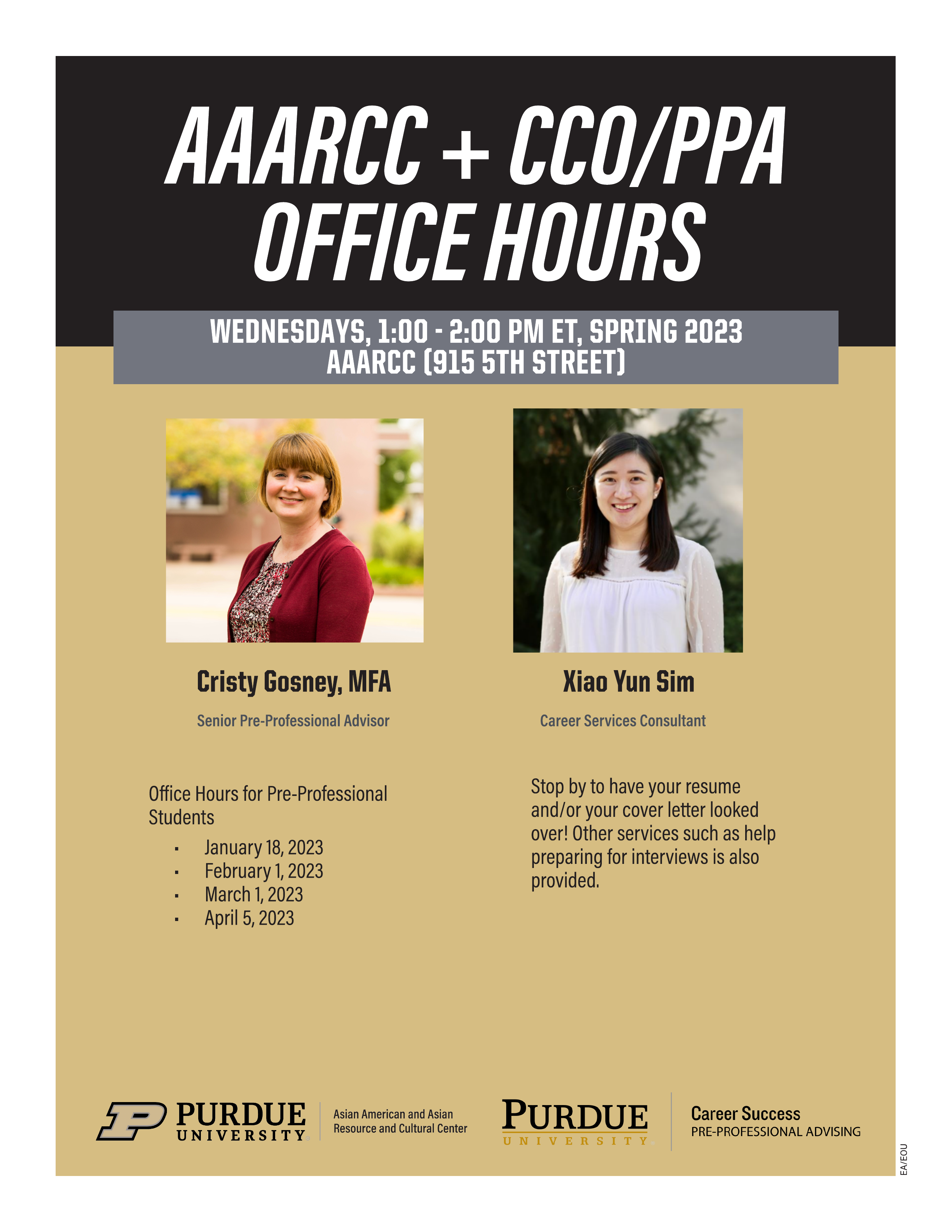 Purdue AAARCC Weekly Office Hours with the CCO and PPA.  Held weekly on Wednesdays from 1 to 2 PM at the AAARCC located at 915 5th Street, West Lafayette, IN 47906.