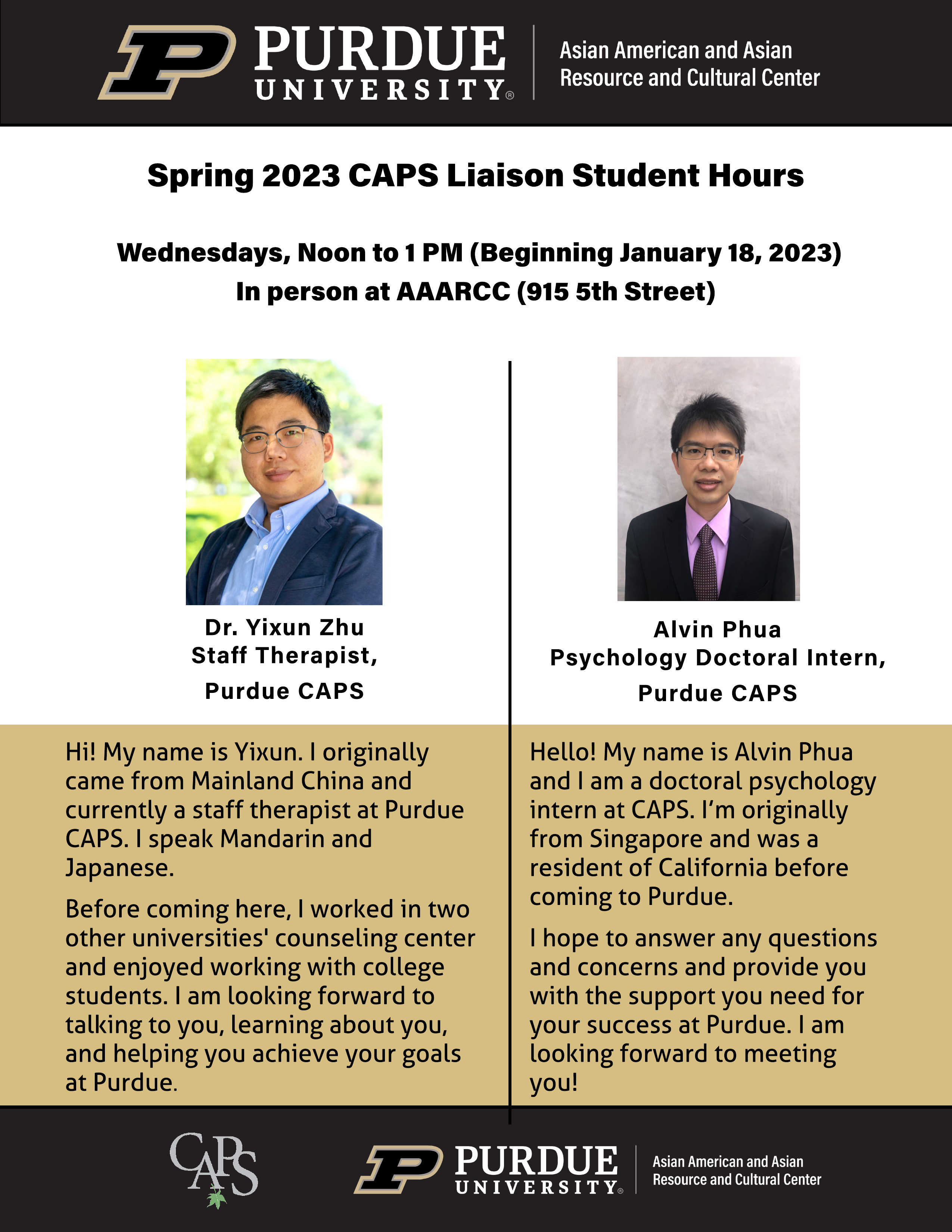 Reali-Tea Series: Purdue AAARCC & CAPS Spring 23 Date & Time: Wednesdays, 12:00 Noon - 1:00 PM ET Location: AAARCC (915 5th Street)  Conversations on mental health and well-being. Registration not required.