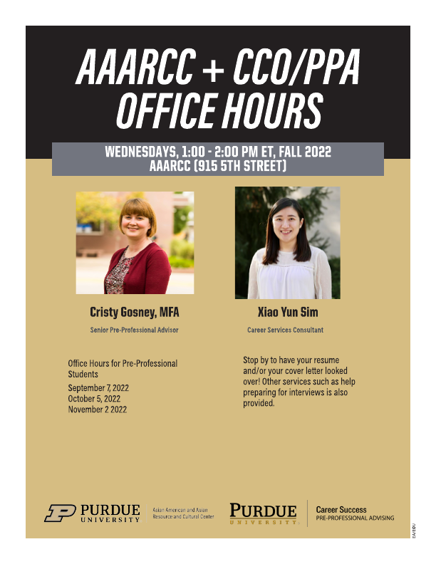 Purdue AAARCC Weekly Office Hours with the CCO and PPA.  Held weekly on Wednesdays from 1 to 2 PM at the AAARCC located at 915 5th Street, West Lafayette, IN 47906.
