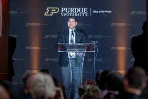 Vice Provost for Faculty Affairs, Sunil Prabhakar shares remarks from the podium