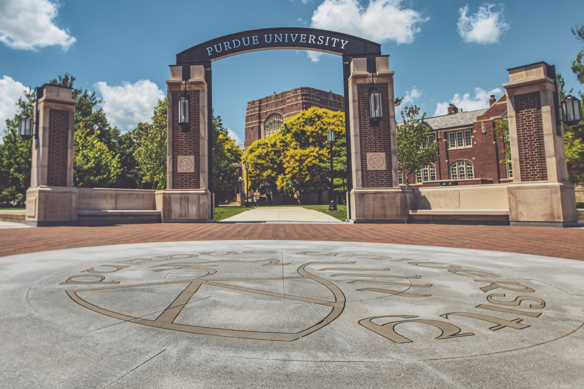 Corner view of a outside entry way into Purdue University from W State St. and Grant St.