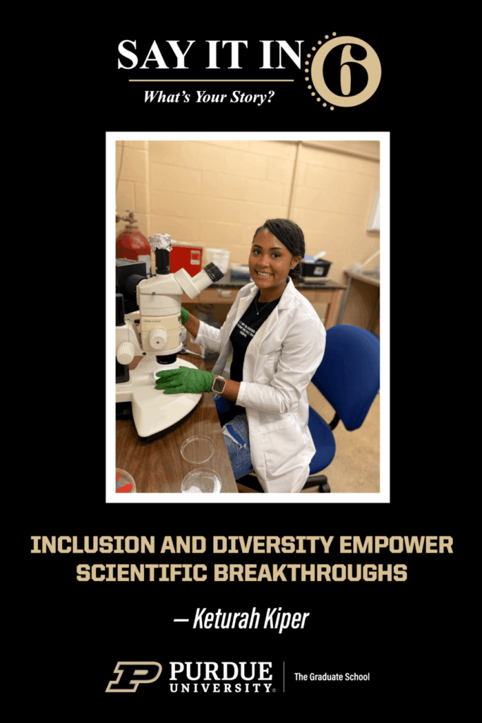 Woman wearing a white lab coat with blue latex gloves sitting on a chair facing a microscope. Beside the microscope are glass lab dishes. the caption reads, "inclusion and diversity empower scientific breakthroughs."