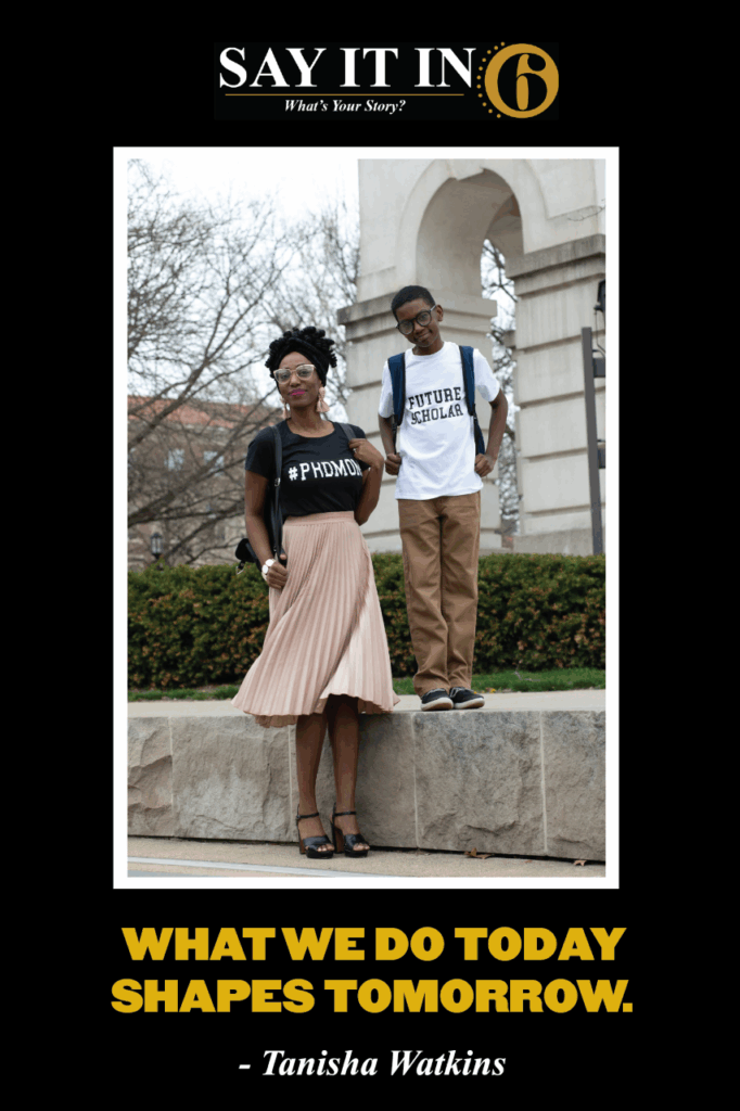 Mother and son wearing backpacks with the caption, "What we do today shapes tomorrow."