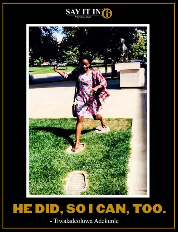 Image of a woman in a dress walking on the paved footsteps of Neil Armstong with the caption that reads, He did, so I can too."