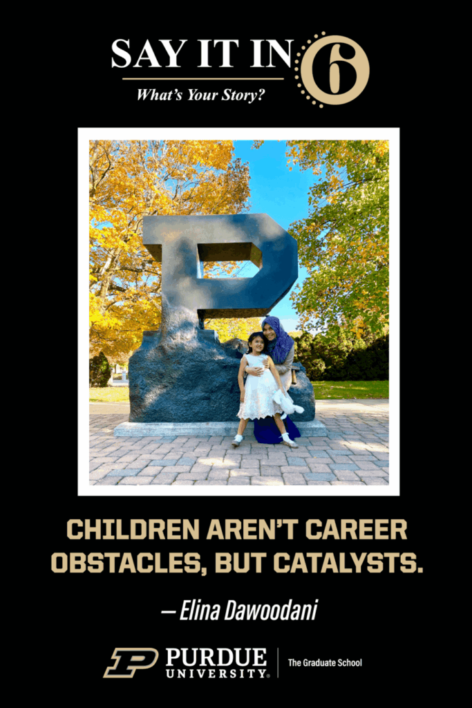Image of woman and small child in a loving embrace in front of the unfinished Purdue P statue with the caption, "Children aren't career obstacles, but catalysts.