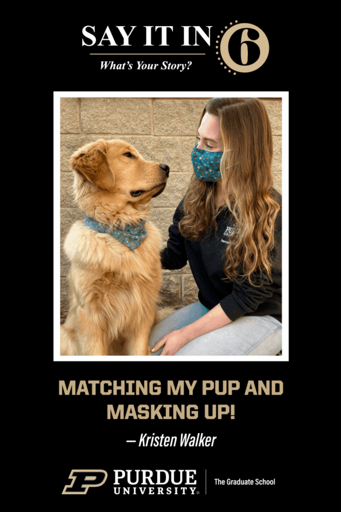 Woman and her dog looking at each other. The dog is wearing a bandana that matches the womans COVID mask with the caption, "Matching my pup and masking up!"