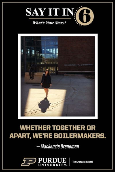 Woman standing in front of her shadow with the caption, "whether together or apart, we're boilermakers."