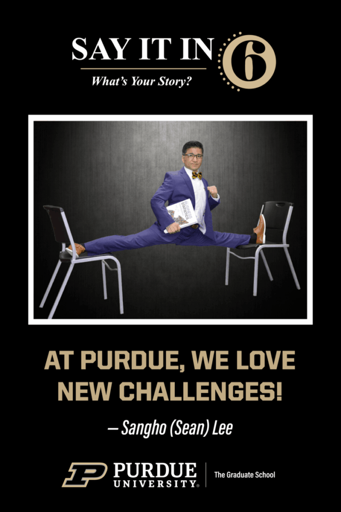 Man in suit holding textbooks while doing the splits (splitting his legs horizontally with his feet resting on a chair to his left and a chair to his right). The caption of this image is "At Purdue, we love new challenges.
