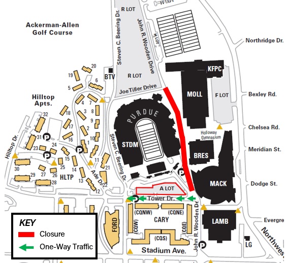 John R. Wooden Drive will remain closed throughout the month of August as renovations at Ross-Ade Stadium continue. 