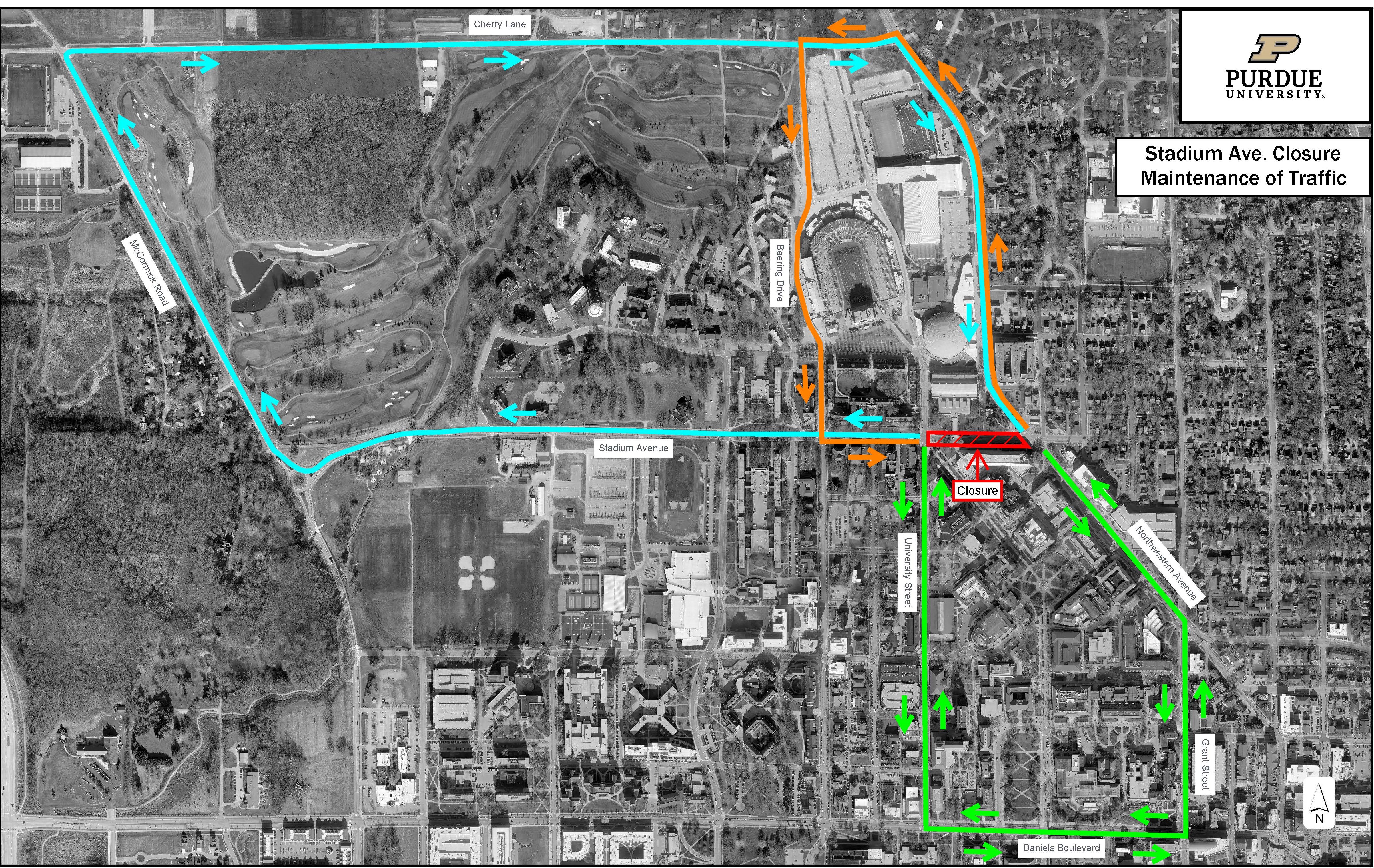 Stadium Avenue between Northwestern Avenue and University Street is scheduled to close tomorrow (Sept. 7) for utility repairs. 