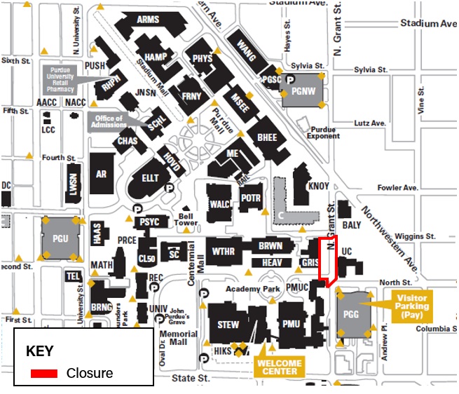 As part of the ongoing work near Dudley Hall and Lambertus Hall, access to the sidewalk and bicycle path directly north of the Purdue Memorial Union to and from Grant Street will close Monday (Sept. 26). 