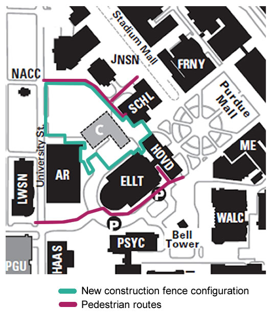 Pedestrian routes around the STEM Teaching Lab Building construction site