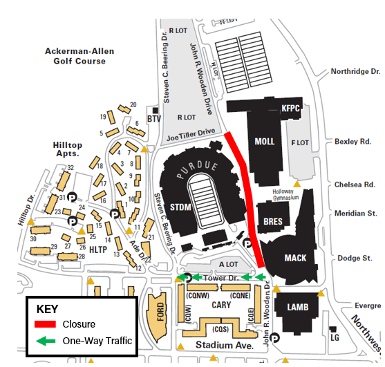 John R. Wooden Drive is scheduled to close on or after Monday, Nov. 28, to help facilitate renovations at Ross-Ade Stadium. 