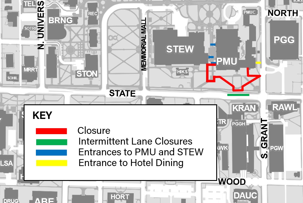 An additional sidewalk located between PMU and Stewart Center (STEW), just south of the southwest entrance to PMU will also close on June 1.