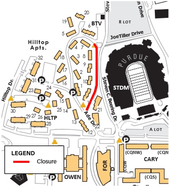 The southbound portion of the Ross-Ade Drive one-way loop through the Hilltop Apartments complex will close March 8 to help facilitate concrete work. 