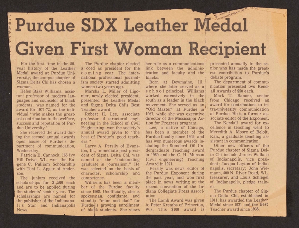 Pictured: In 1973, Helen Bass Williams became the first female recipient of Purdue's prestigious SDX Leather Medal