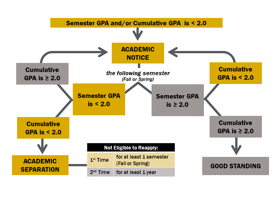Academic Notice Flowchart maps the process from academic notice due to a semester or cumulative GPA below a 2.0 and the potential outcomes the following fall or spring semester. If your semester GPA is at or above a 2.0 and your cumulative GPA is at or above a 2.0, then you will be returned to good standing. If one GPA is at or above a 2.0 and the other is below a 2.0, then you will remain on Academic Notice. If both cumulative and semester GPAs are below a 2.0 after a fall or spring term on academic notice, then you will be academically separated from the university. Readmission is an option after time away. 