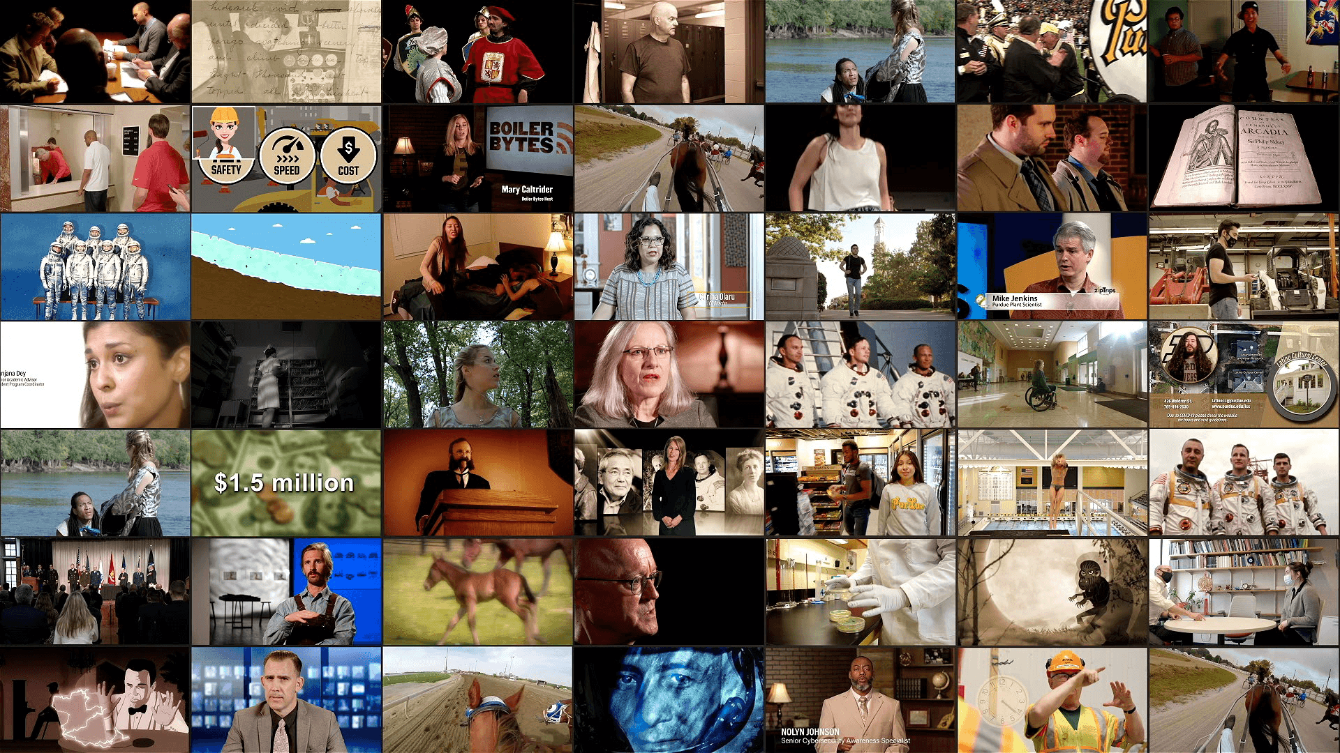 A large video grid showcasing various production snippets, interviews, and animation stills.
