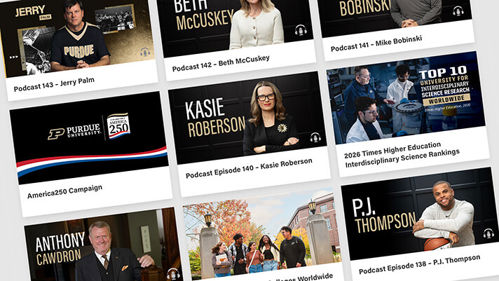 A grid layout of content package cards featuring various Purdue University podcast episodes and campaign thumbnails.