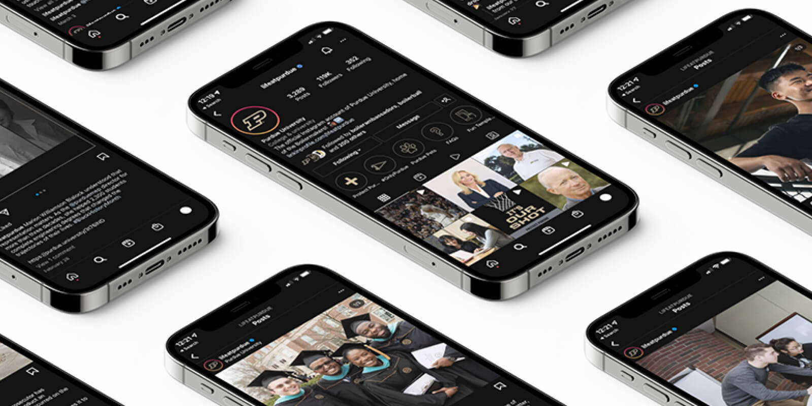 Multiple smartphones displayed diagonally showing the Purdue University Instagram profile interface and photo feeds.