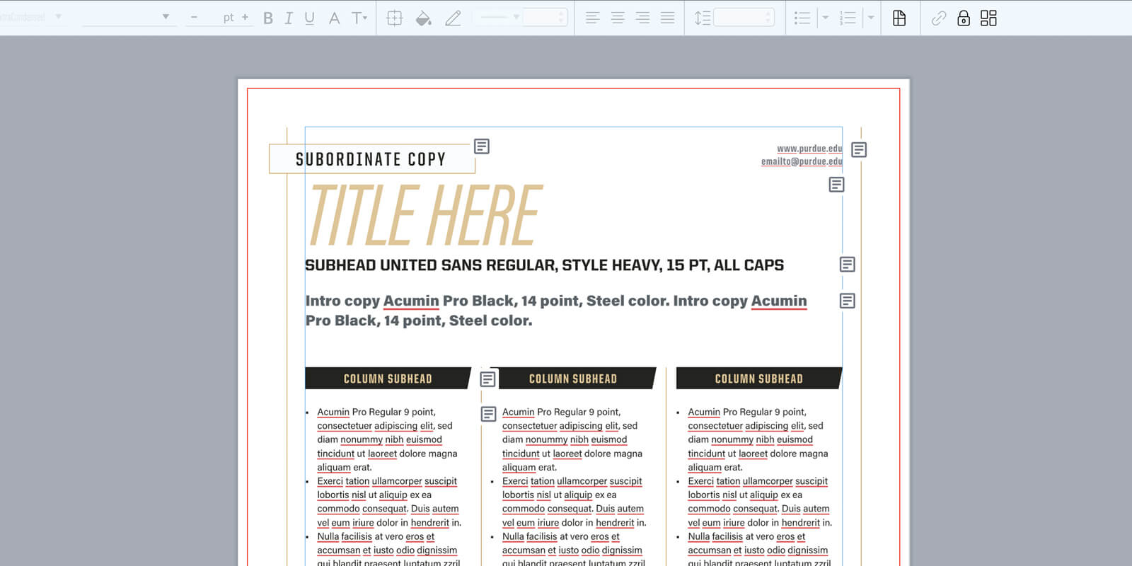 A digital layout template showing design gridlines, font specs, and three columns of text.