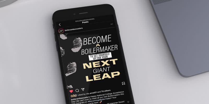 Purdue admissions Instagram post displayed on a smartphone