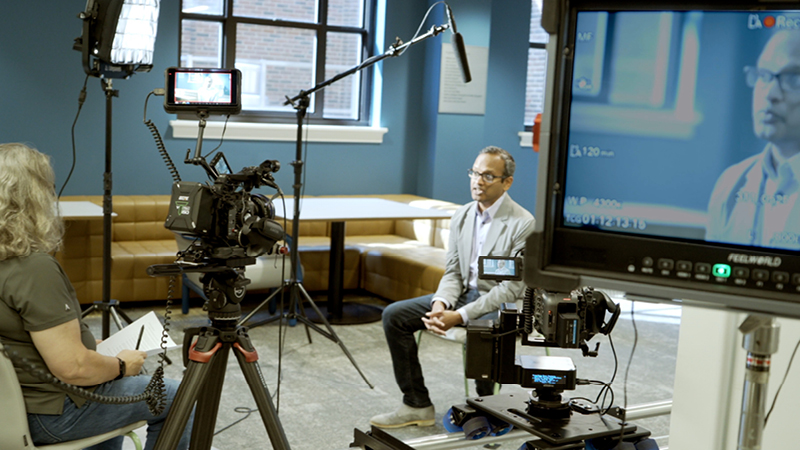 Video production equipment during an interview.