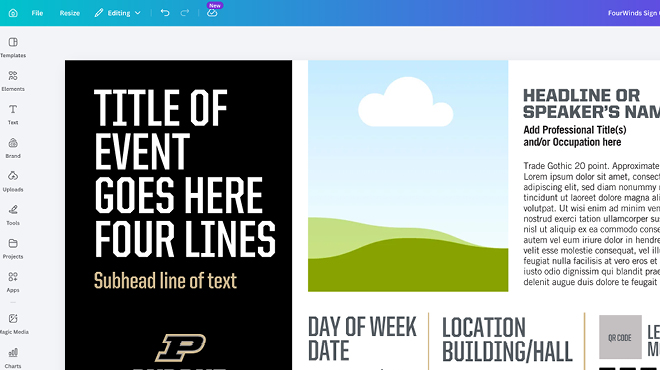 Canva interface editing a Purdue digital sign template.