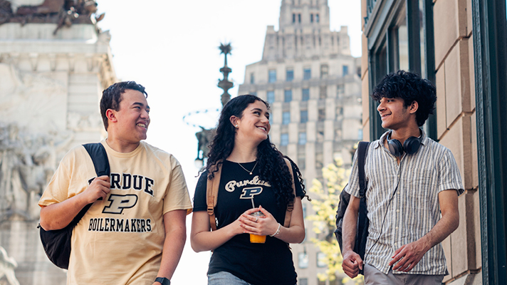 Purdue students walking together in downtown Indianapolis.