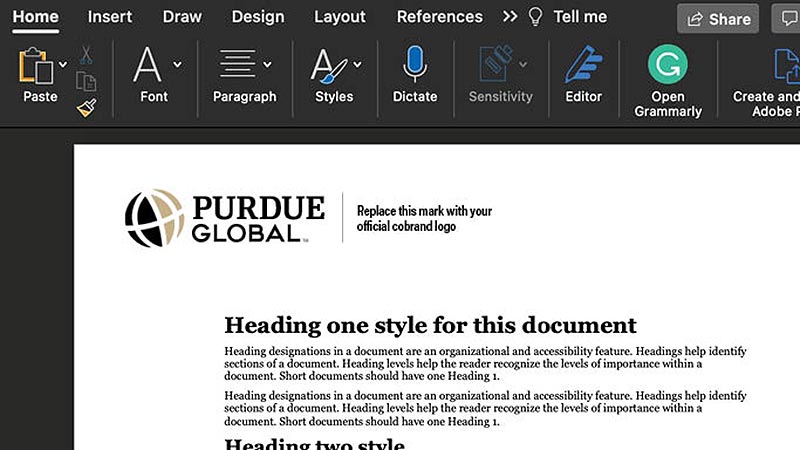 Screenshot of the Purdue Global letterhead in Word