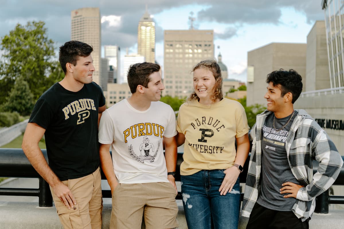 Purdue students posing together in downtown Indianapolis.