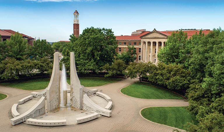 Aerial view of the Purdue University campus fountain.