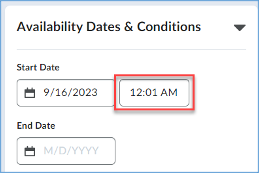Screenshot of Availability Dates & Conditions panel showing 12:01AM start time.