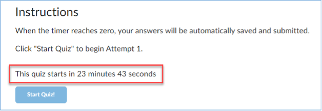 Screenshot of quiz summary page showing a count-down timer: 'This quiz starts in 23 minutes 43 seconds.'