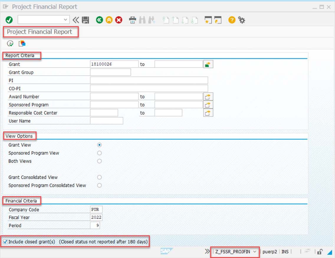 Project Financial Report Selection Criteria Screen