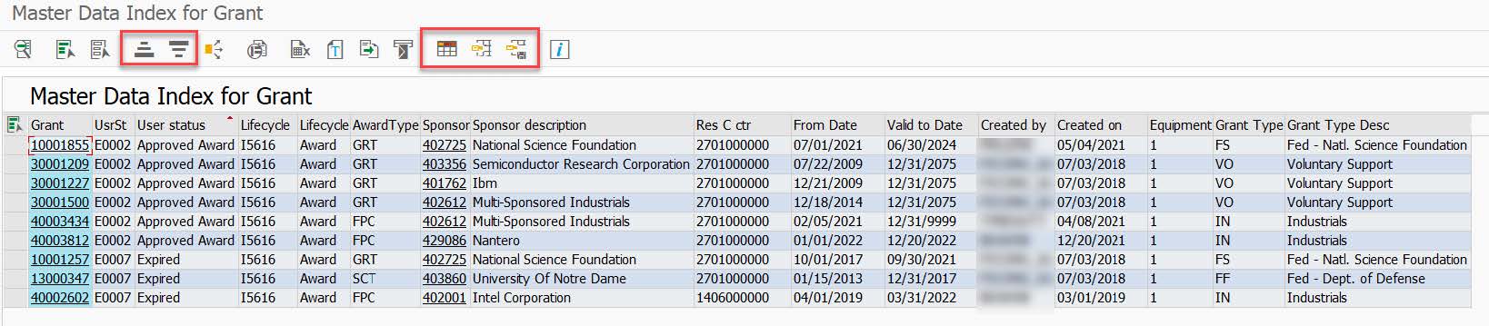 Sample Report - Master Data Index for Grant