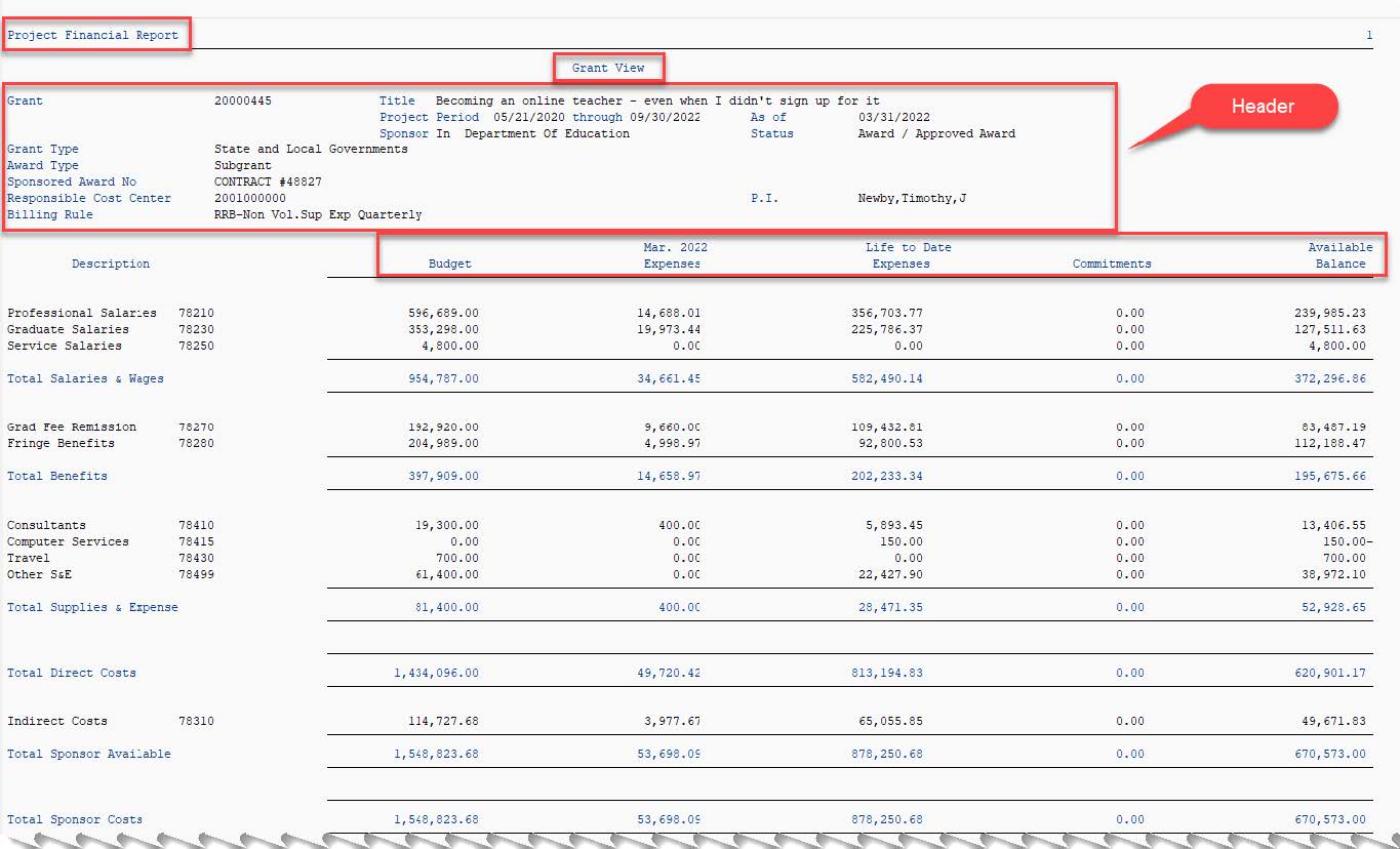 ‌Project Financial Report Selection Criteria Screen