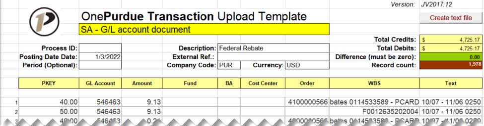 Screenshot of Sample transaction template spreadsheet showing different types of information including description, dates, account number, dollar amounts.
