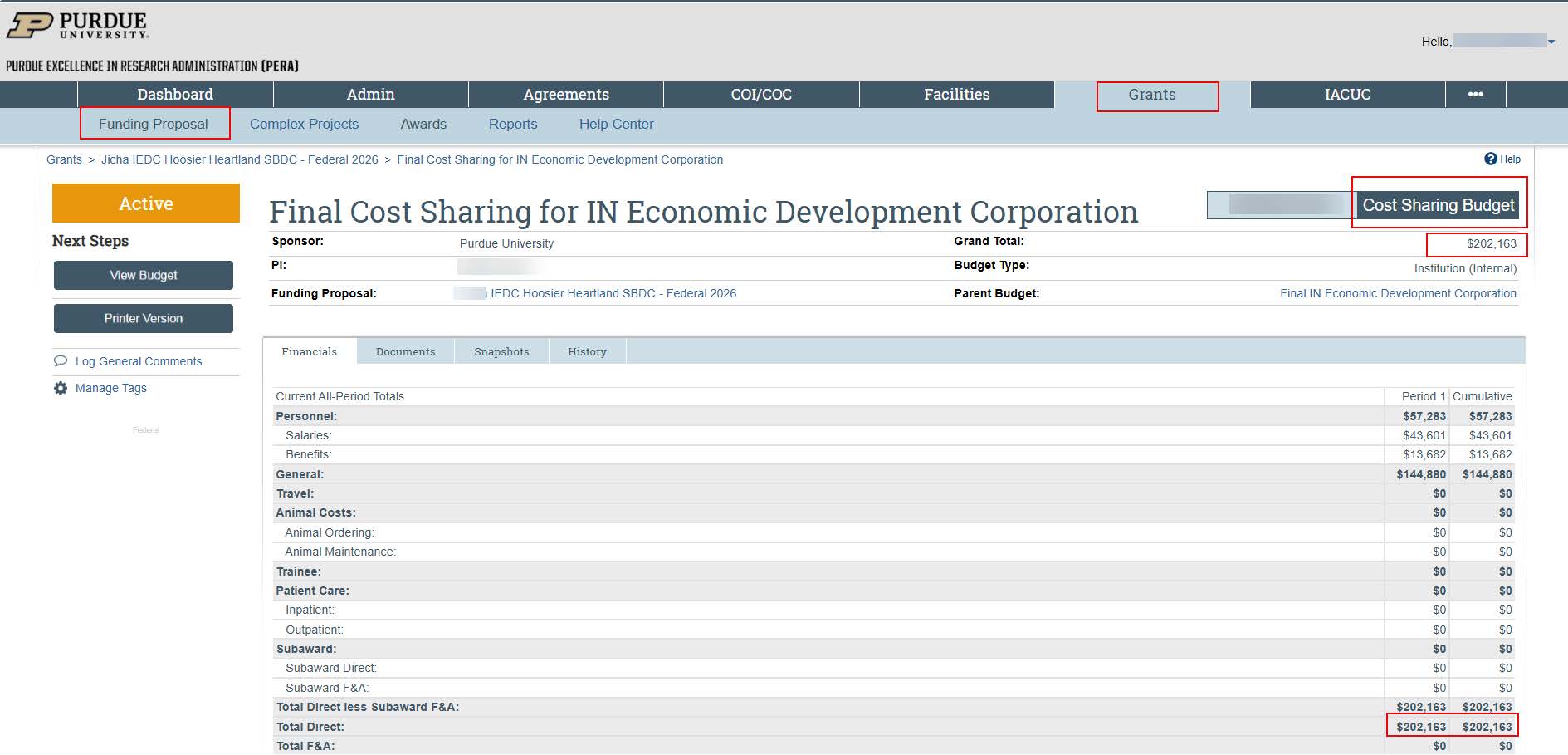 PERA proposal cost share budget screen showing cost share budget entry fields.