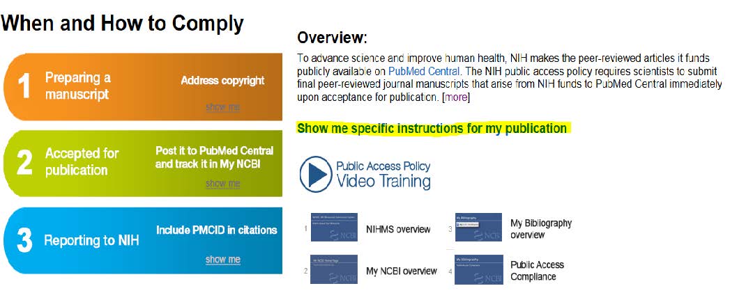 Screenshot of NIH Public Access Policy website with highlighted link to Specific Instructions for my Publication
