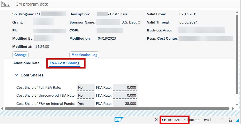 SAP GM Program Data screen showing the contributed F&A cost-sharing fields described above.