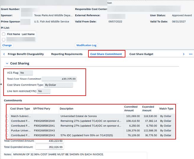 SAP Maintain Grant Master Data Cost Share Commitment tab used to track cost sharing committed and expended.