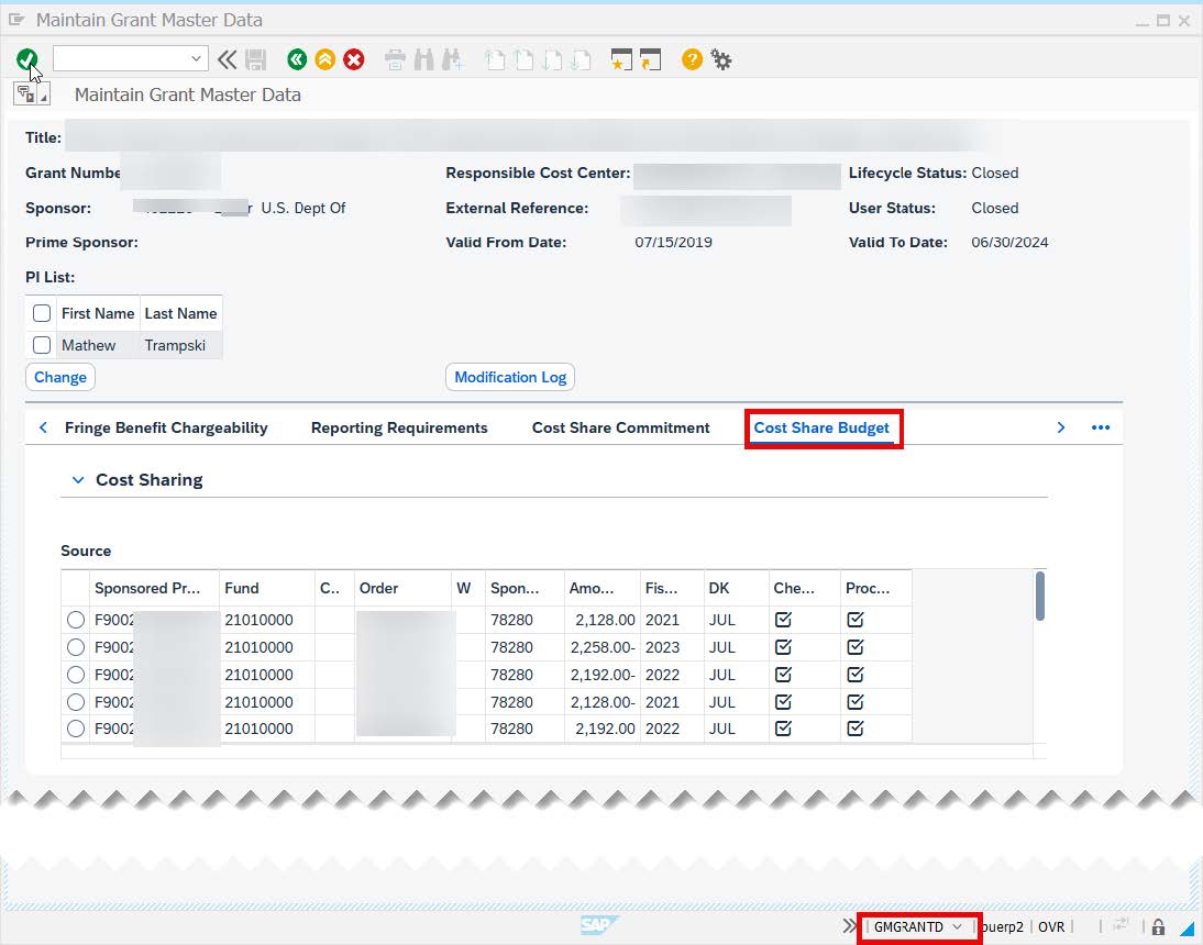 SAP Maintain Grant Master Data Cost Share Budget tab used to establish the cost share budget.