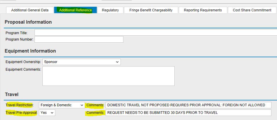 This image depicts the "Additional Reference" page in SAP where the PI's travel information can be added.