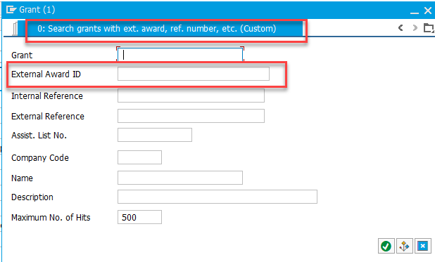 GMGRANTD Grant search window showing tab 0 and the External Award ID field outlined in red.