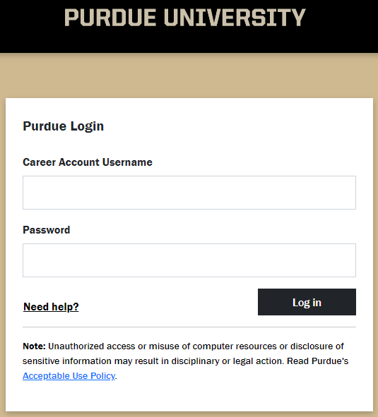 Purdue login screen with fields for Career Account username and password and a Log in button.