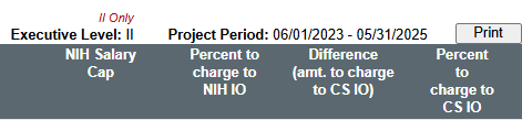 Print preview column headings for NIH salary cap, percent charged to NIH, difference charged to cost share, and percent charged to cost share.