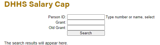 DHHS Salary Cap search form with Person ID, Grant, and Old Grant fields and a Search button.
